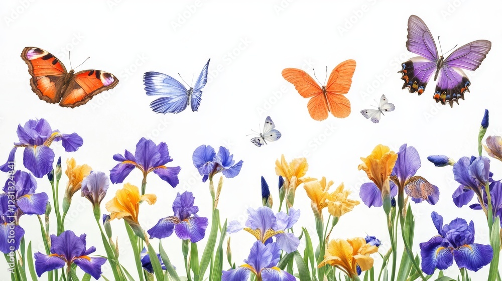 ethereal butterfly garden, purple iris display, orange and blue wings, floating butterfly pattern, white negative space, delicate floral arrangement, natural spring design, elegant nature layout ethereal butterfly garden, purple iris display, orange and blue wings, floating butterfly pattern, white negative space, delicate floral arrangement, natural spring design, elegant nature layout