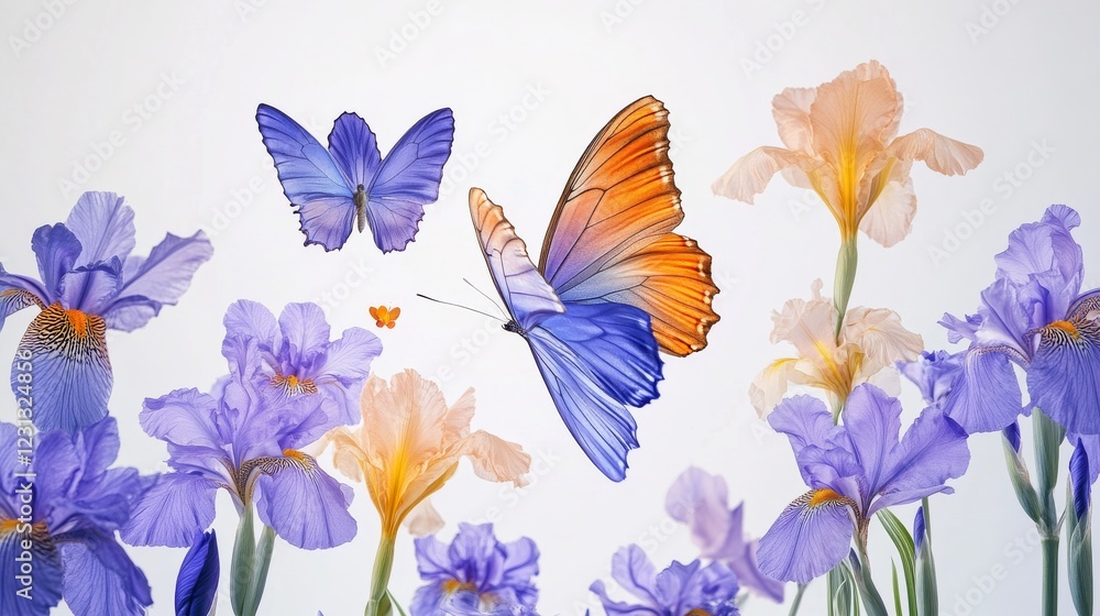 ethereal butterfly garden, purple iris display, orange and blue wings, floating butterfly pattern, white negative space, delicate floral arrangement, natural spring design, elegant nature layout ethereal butterfly garden, purple iris display, orange and blue wings, floating butterfly pattern, white negative space, delicate floral arrangement, natural spring design, elegant nature layout
