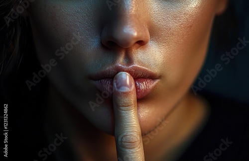 Secret Silence Gesture Mysterious Man Quiet Expression Finger on Lips Censorship Freedom Speech Conspiracy Confidential Talk photo