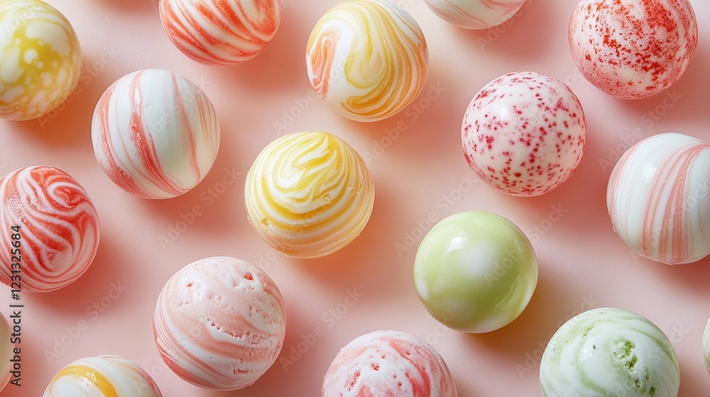Fototapeta premium gourmet gelato collection close-up, artisanal frozen dessert spheres, pastel and vivid colors, swirled patterns in scoop surface, creamy smooth texture, overhead composition, studio lighting, shallow