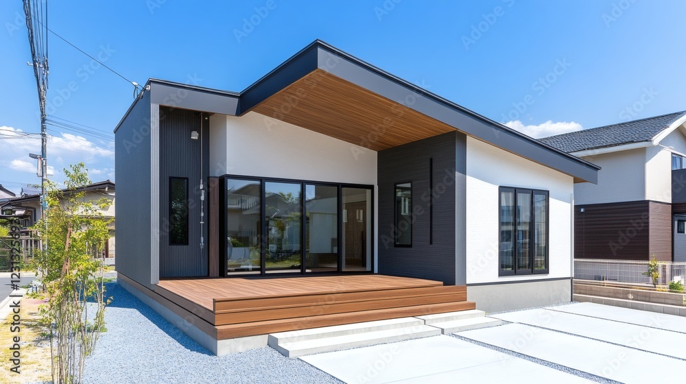 Modern Contemporary House Exterior with Wooden Deck and Stylish Facade Modern Contemporary House Exterior with Wooden Deck and Stylish Facade