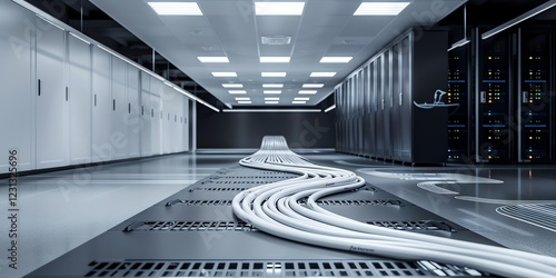 Capture the essence of a cutting-edge data center with this stock photo featuring organized fiber optic cables, sleek black server cabinets, and white circuit boards. The minimalist lighting 