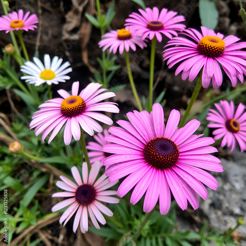 Blooming coloruful wild daisy flowers at Prau Mountain, Dieng, Indonesia. photo