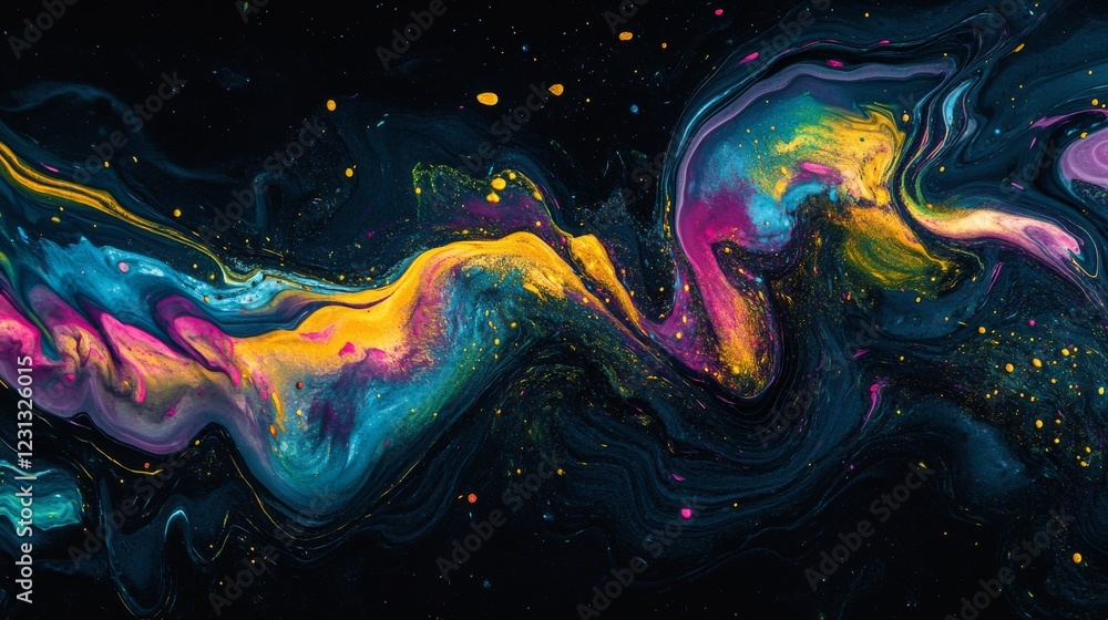 Obraz premium abstract fluid shapes on dark navy background, organic flowing curves, vibrant yellow pink blue green purple splashes, dynamic wave patterns, minimalist modern design, smooth gradient transitions,