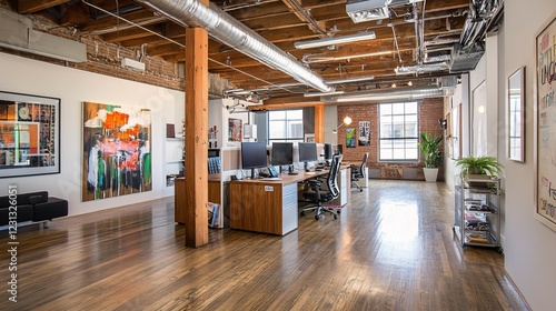 Modern Office Space Featuring Exposed Brick and Artwork