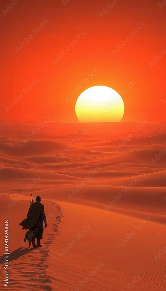 silhouette of a traveler walking on a sand dune at sunset