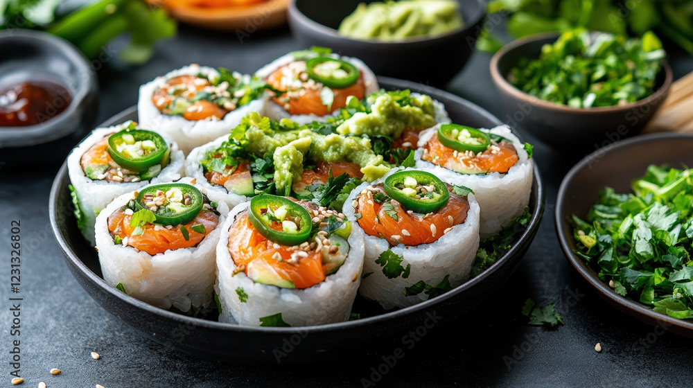 Fresh sushi rolls topped with avocado and jalapeno, garnished with herbs Fresh sushi rolls topped with avocado and jalapeno, garnished with herbs