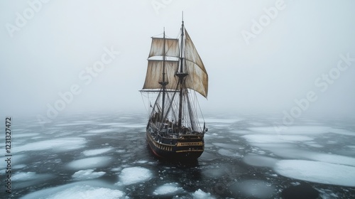 a badass hyper realistic pirate ship voyaging through icey water through a winter storm going from left to right. Give the pirate ship black sails also like the famous black pearl. photo