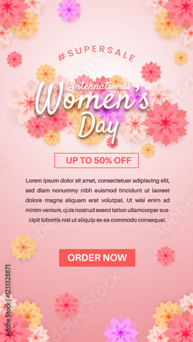 Happy womens day sale with podium, flower, and gift box suitable for banner, greeting card, flyer.