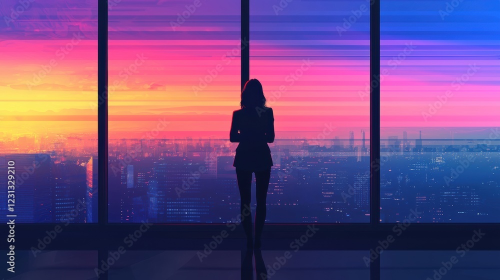 Fototapeta premium Professional woman overlooking cityscape at dusk urban portrait