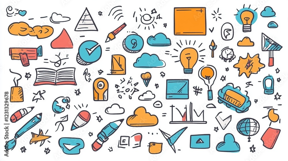 Colorful hand-drawn ideas, innovation, technology, background, website banner Colorful hand-drawn ideas, innovation, technology, background, website banner