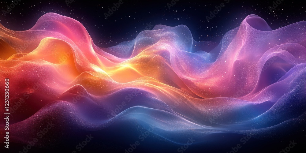 Iridescent Abstract Wave Composition with Fluid Gradients on Dark Background 3D Render Iridescent Abstract Wave Composition with Fluid Gradients on Dark Background 3D Render