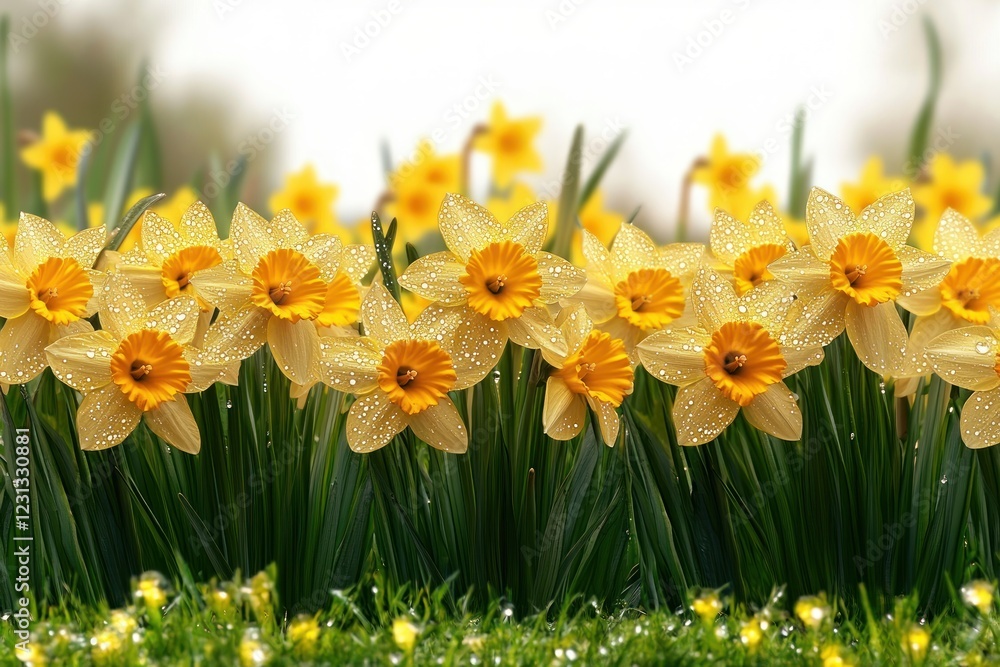 Fototapeta premium vibrant yellow daffodil meadow in bright sunlight with dew drops and intricate petal textures
