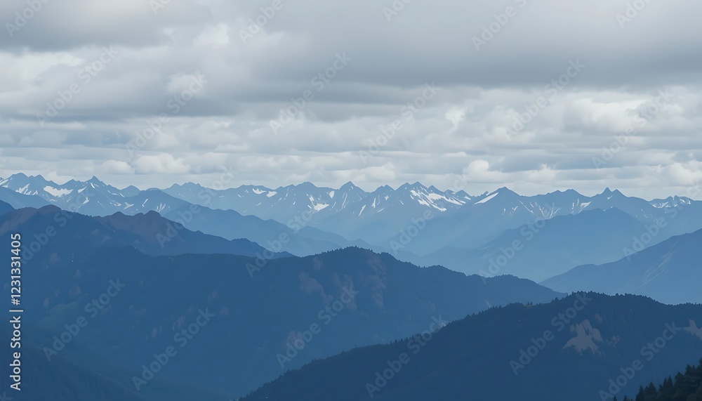 Majestic Panoramic View of a Mountain Range Under a Cloudy Sky, Showing Layers of Peaks and Valleys Majestic Panoramic View of a Mountain Range Under a Cloudy Sky, Showing Layers of Peaks and Valleys
