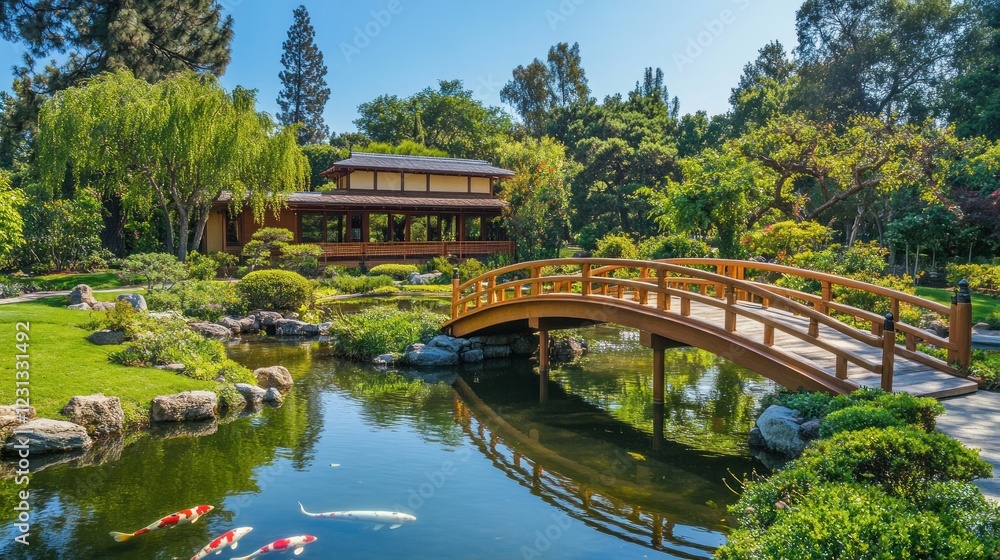 Serene Japanese garden with koi pond, wooden bridge, and traditional house. Serene Japanese garden with koi pond, wooden bridge, and traditional house.