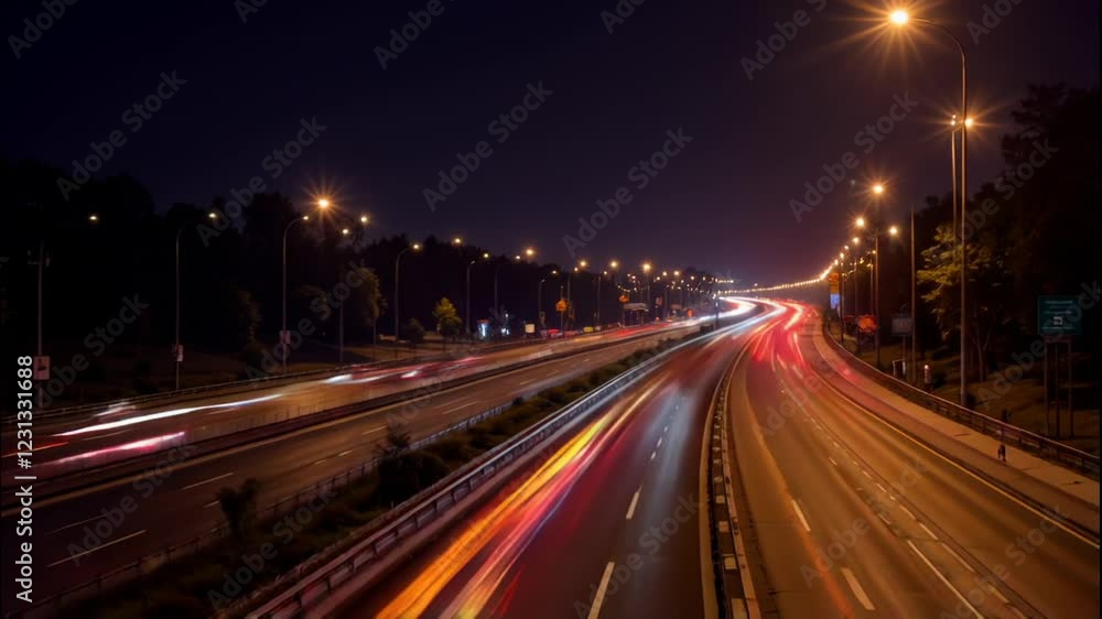 Night Highway Lightscape: A mesmerizing long exposure of a highway at night, showcasing vibrant light trails from speeding vehicles, creating a dynamic and energetic scene. Night Highway Lightscape: A mesmerizing long exposure of a highway at night, showcasing vibrant light trails from speeding vehicles, creating a dynamic and energetic scene.
