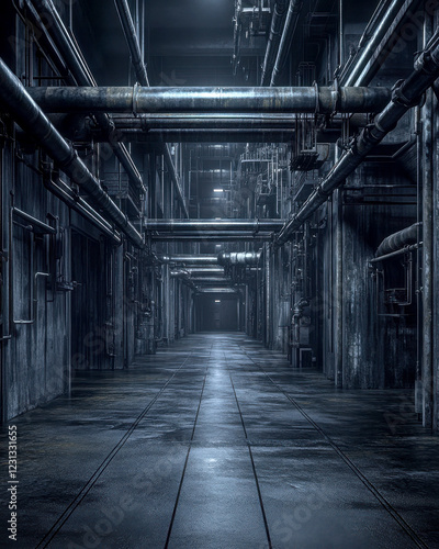 Dimly lit industrial corridor with pipes and concrete floors.