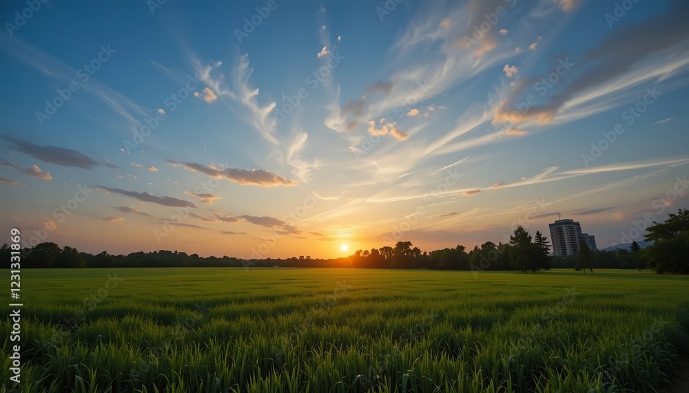 Fototapeta premium Stunning Sunset over Lush Green Field with Distant Building, Vibrant Sky and Cirrus Clouds