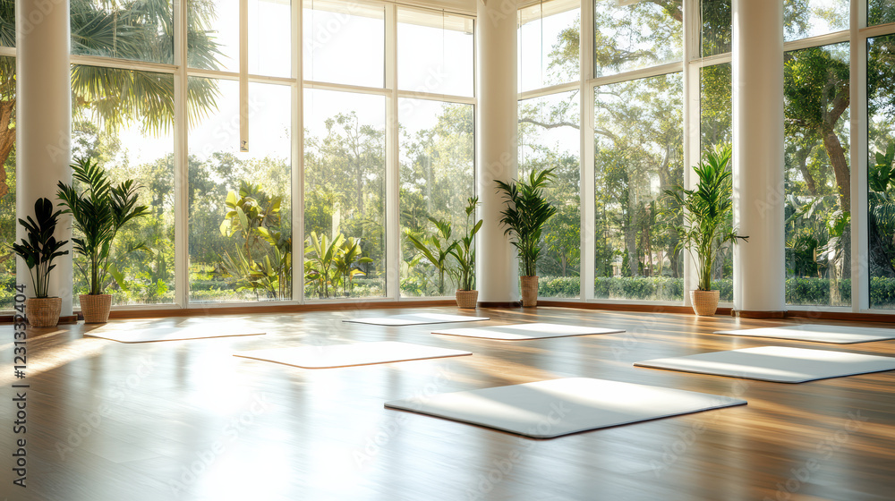 Fototapeta premium Bright yoga studio with mats and plants, perfect for relaxation and wellness