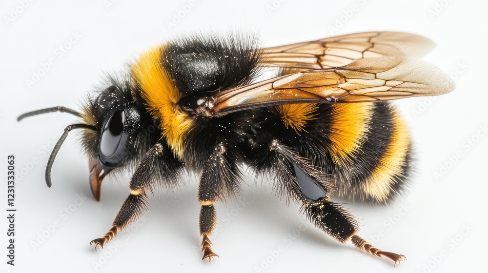 A Detailed Close-Up of a Bumblebee Displaying Its Fuzzy Body and Delicate Wings