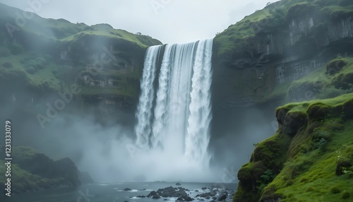 Majestic Seljalandsfoss Waterfall in Iceland's Dramatic Landscape, Misty Green Cliffs, Powerful Water Cascade