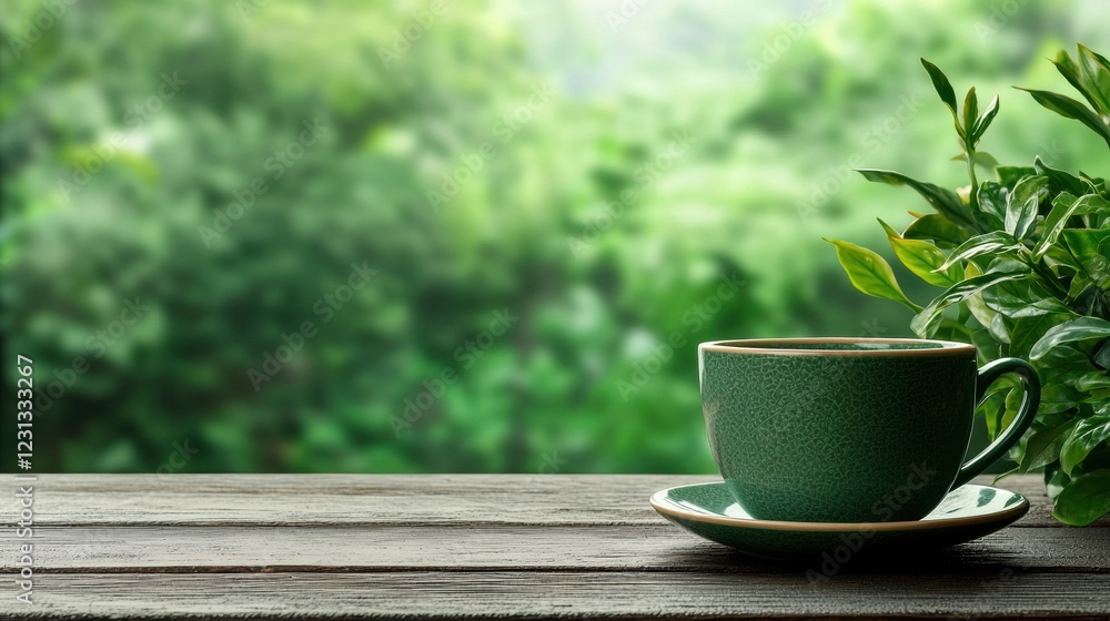 Serene coffee cup on a wooden table with lush greenery Serene coffee cup on a wooden table with lush greenery
