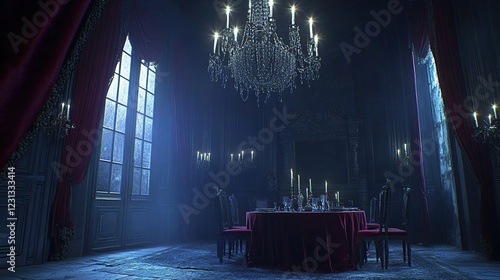 Dark elegant dining room, night, mansion, candlelight, windows, mystery,  dinner setting,  game background