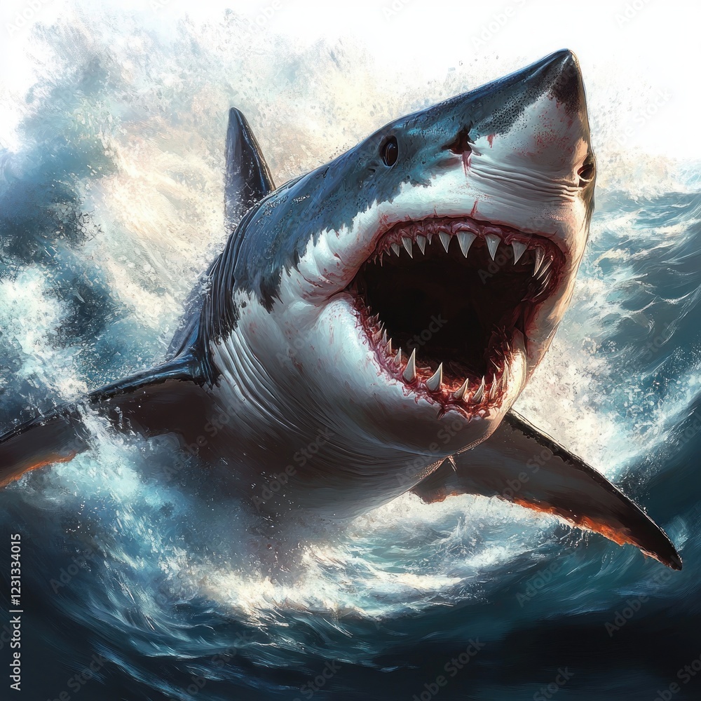 Obraz premium Fierce Great White Shark Leaping Out of Turbulent Ocean Waves