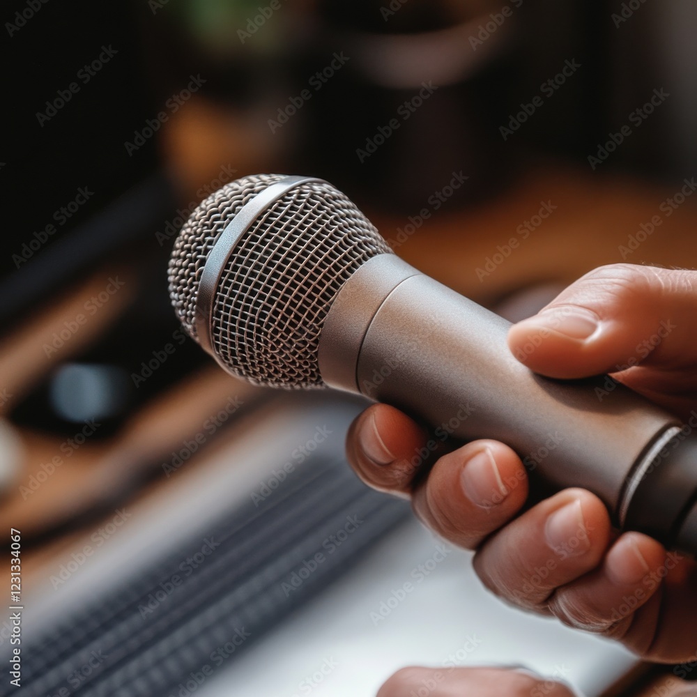 Obraz premium Hand Holding Microphone Close-Up for Live Performance or Recording