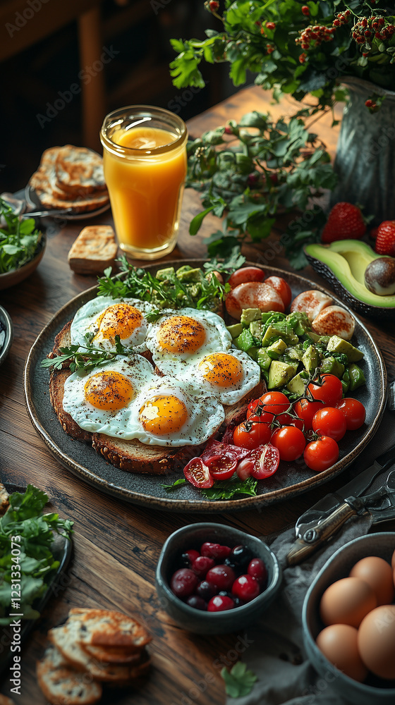 Colorful breakfast spread with eggs, vegetables, and juice Colorful breakfast spread with eggs, vegetables, and juice
