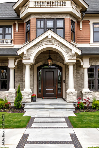 Wallpaper Mural Elegant Stone House Exterior with Grand Entrance and Landscaped Walkway - Modern Classic Architecture Torontodigital.ca