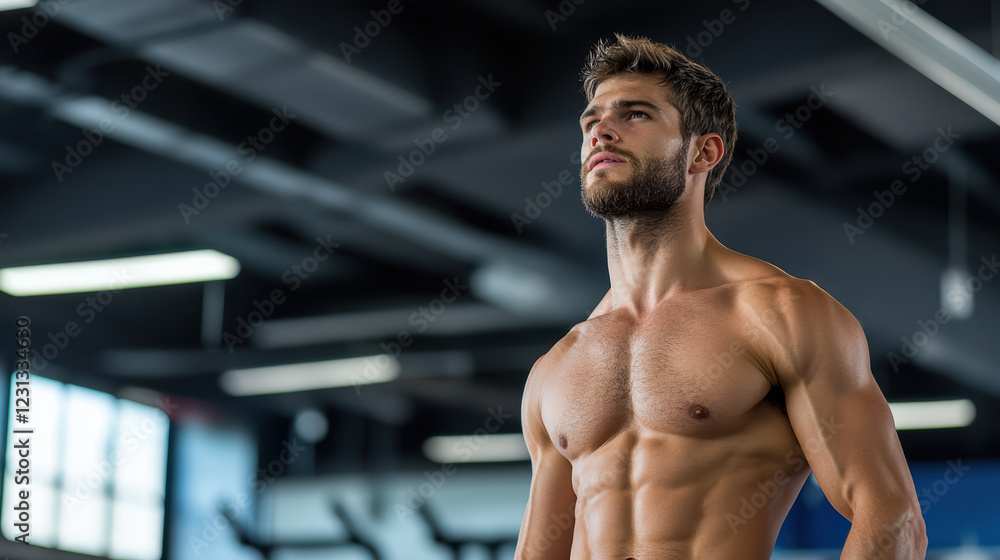 shirtless muscular man stands confidently in dimly lit gym, showcasing his physique shirtless muscular man stands confidently in dimly lit gym, showcasing his physique