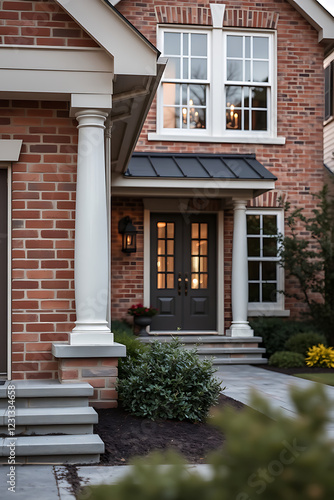 Wallpaper Mural Elegant Brick House Exterior with Stone Steps and Landscaping. Classic Architecture and Design, perfect for real estate listings and home design inspiration. Torontodigital.ca