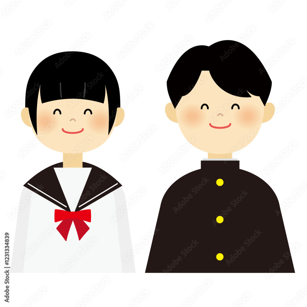 Naklejka premium セーラー服と学ランの中高生の男女のイラスト
