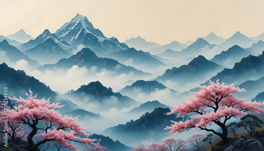 Serene Misty Mountain Landscape with Blooming Cherry Blossom Trees