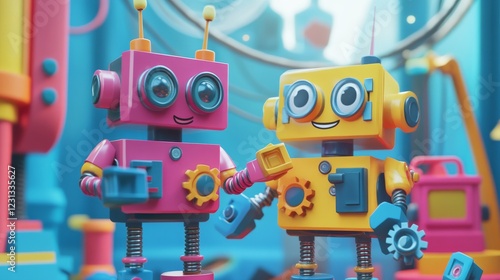 Cute Colorful Toy Robots Working Together in a Futuristic Workshop