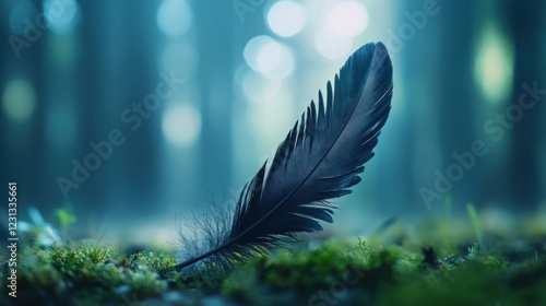 Black feather resting on moss in a misty forest photo