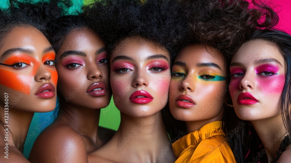 Obraz premium A diverse group of models showcasing bold makeup looks against a colorful background.