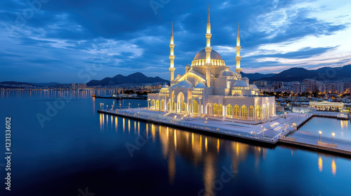 stunning mosque illuminated at night with colorful lights reflecting on water photo