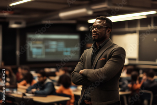 Confident educator in a classroom setting.