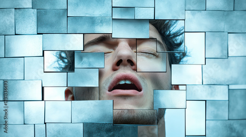 Tormented soul trapped in fragmented reflections, expressing deep emotion photo