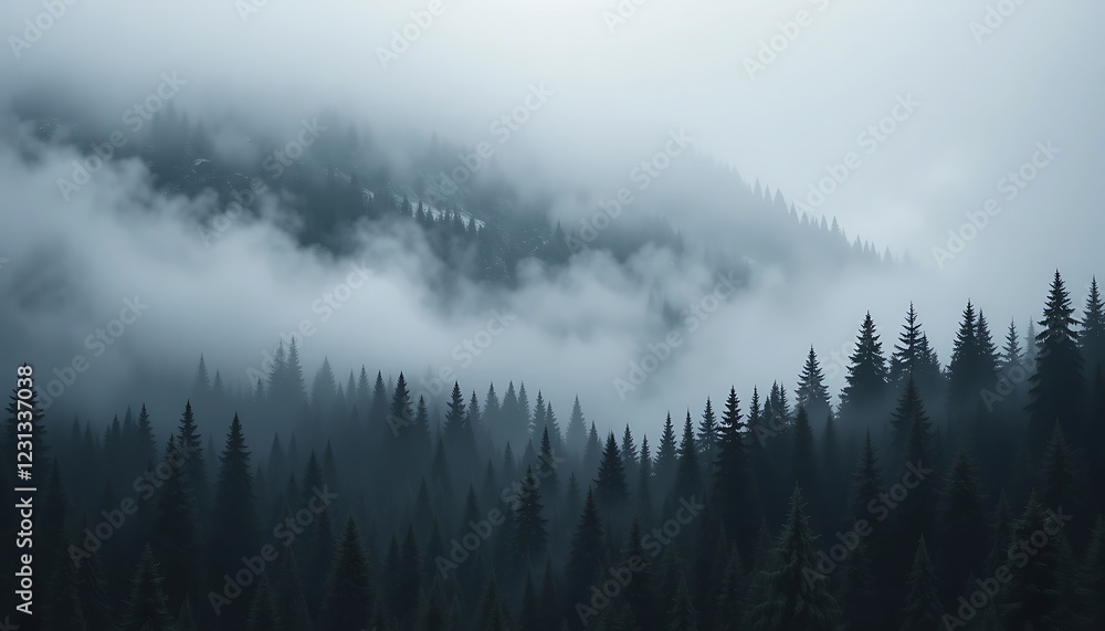Misty Mountain Forest Landscape, Enigmatic Coniferous Trees in Fog, Atmospheric Scenery, Dark Evergreen Woods Misty Mountain Forest Landscape, Enigmatic Coniferous Trees in Fog, Atmospheric Scenery, Dark Evergreen Woods