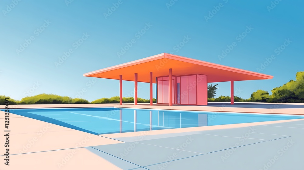 Fototapeta premium Pink Pavilion Poolside View, Sunny Day, Artistic Style, Design, Relaxation
