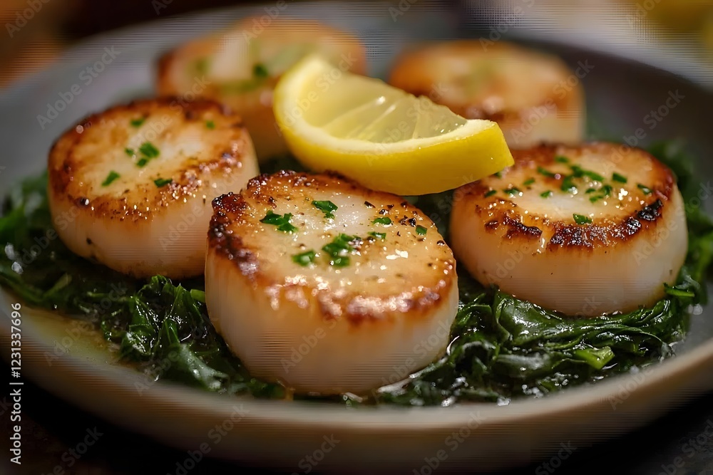 Pan-seared scallops with garlic butter and lemon wedges, served on a bed of spinach