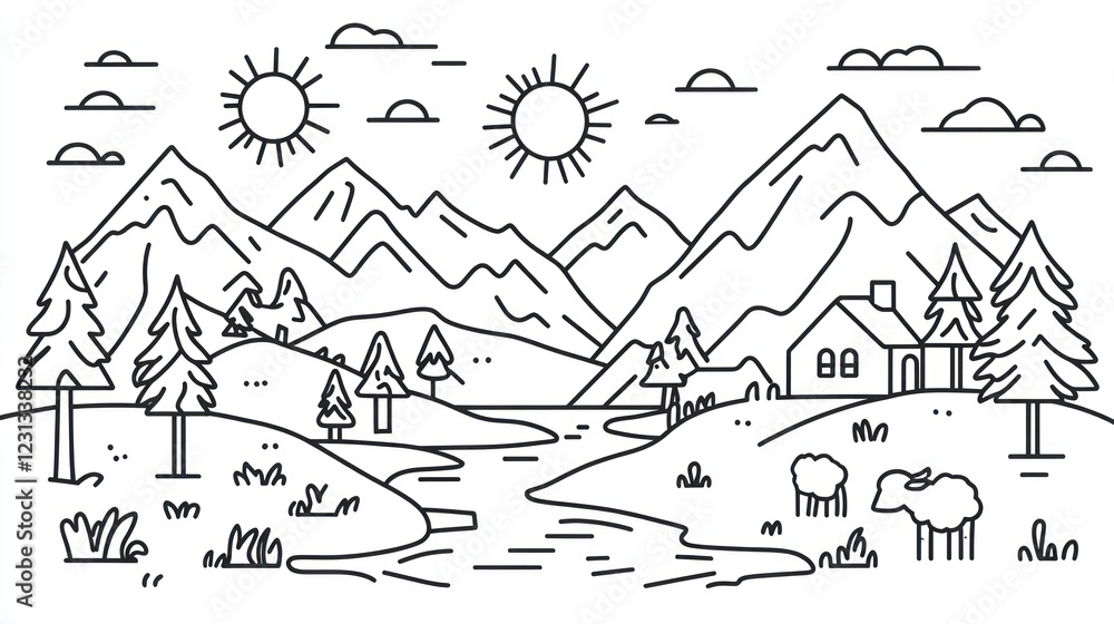 Fototapeta premium Mountain valley landscape, house, sheep, river, sun, clouds; nature illustration