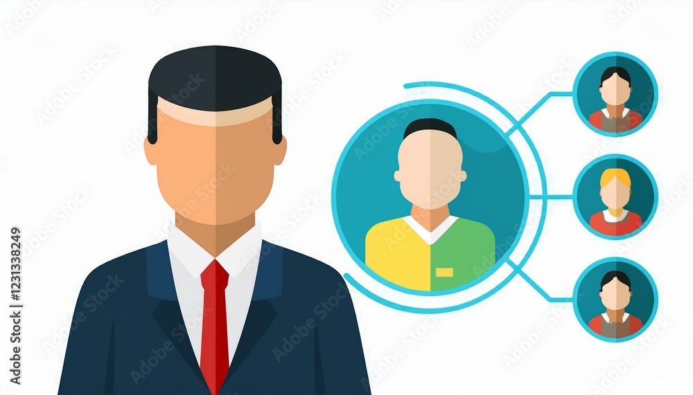 Business man in suit with tie. Human resources management select employee flat design. isolated on white, selective focus Business man in suit with tie. Human resources management select employee flat design. isolated on white, selective focus