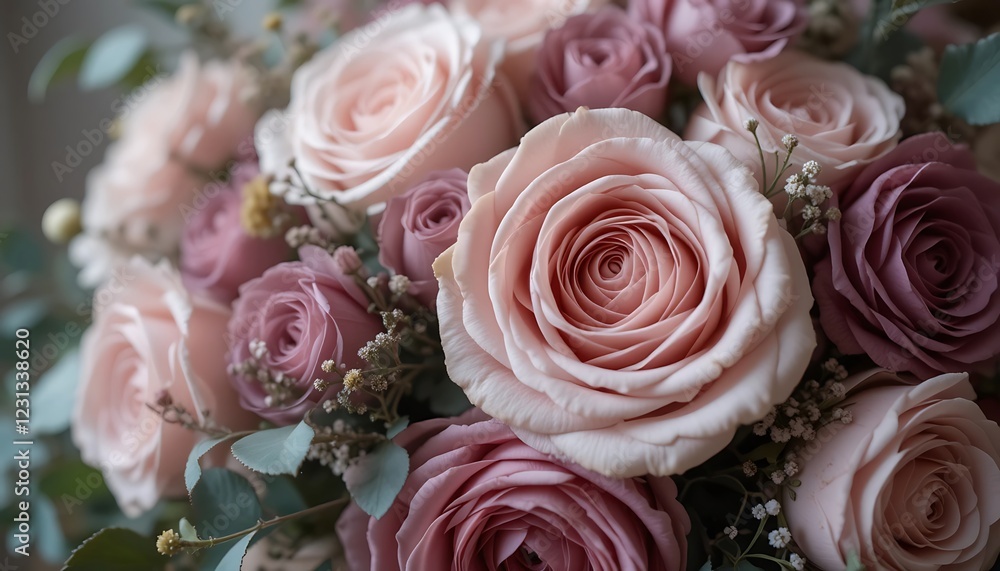 Close-up view of a breathtaking bouquet of blush pink and mauve roses, meticulously arranged with delicate greenery.