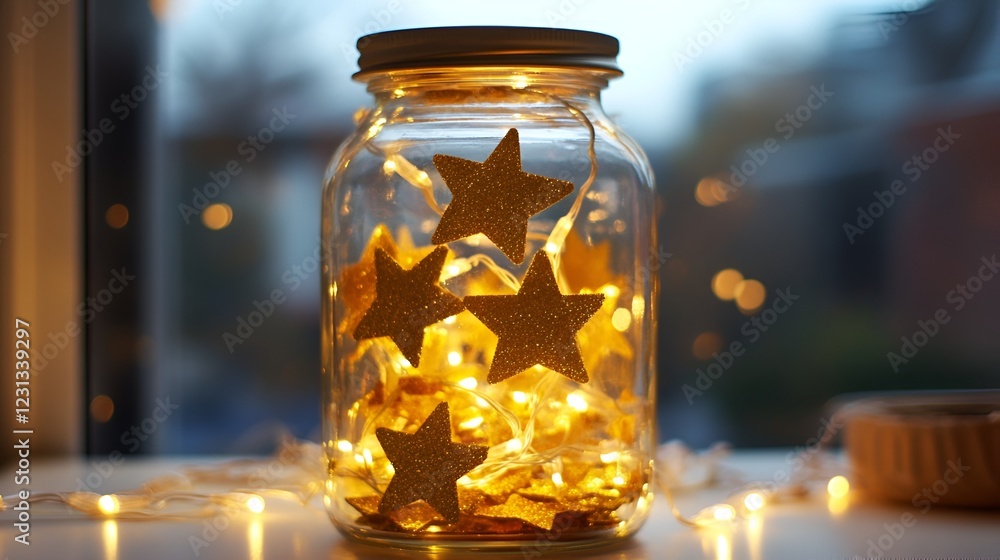 A glass jar with a lid, containing golden star-shaped confetti and soft white lights. A glass jar with a lid, containing golden star-shaped confetti and soft white lights.