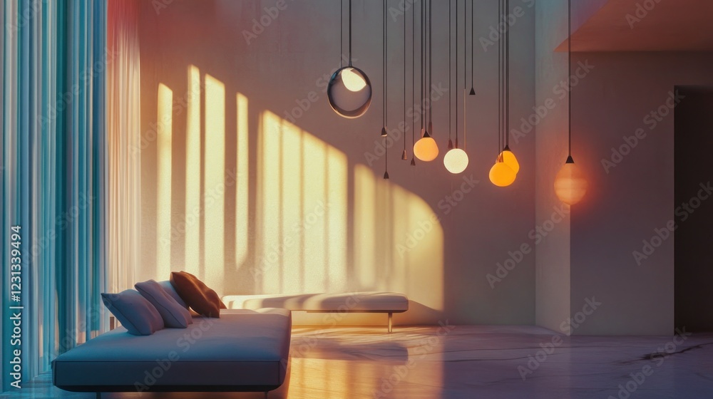Modern Interior Design with Warm Sunset Lighting and Stylish Sofa Modern Interior Design with Warm Sunset Lighting and Stylish Sofa