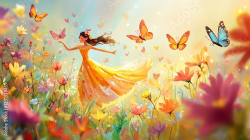 Dreamy Woman Dancing in a Colorful Flower Field with Butterflies